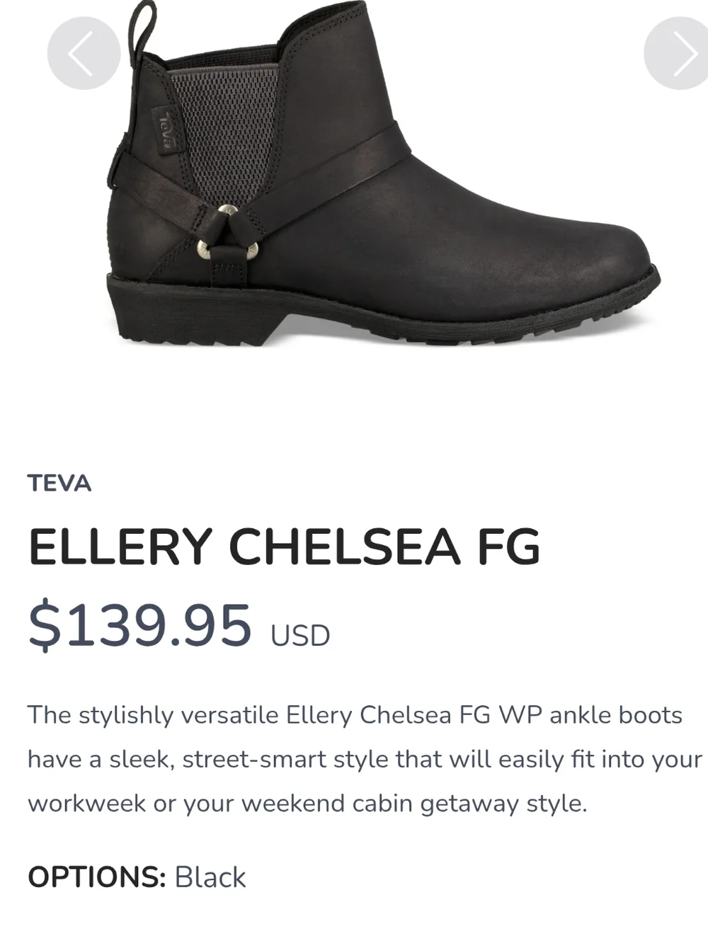 Teva Ellery Chelsea FG Waterproof Leather Ankle Boot, Black, Wm 9, NEW! - Picture 15 of 16